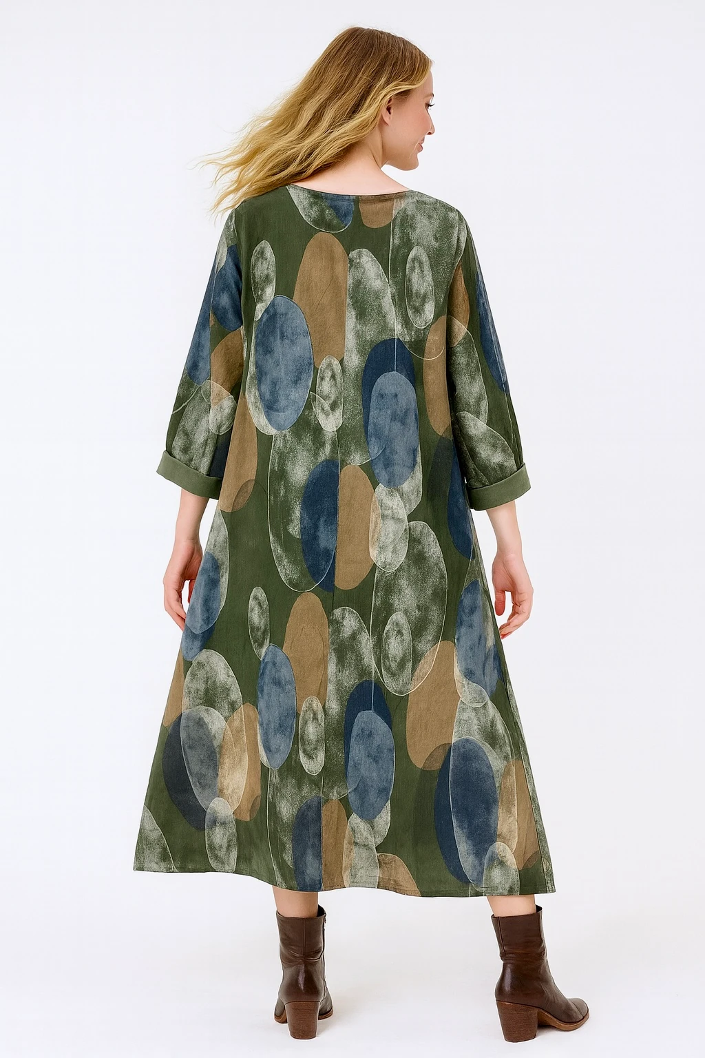 İtalyan Desenli İnce Fitilli Kadife Elbise - HAKİ