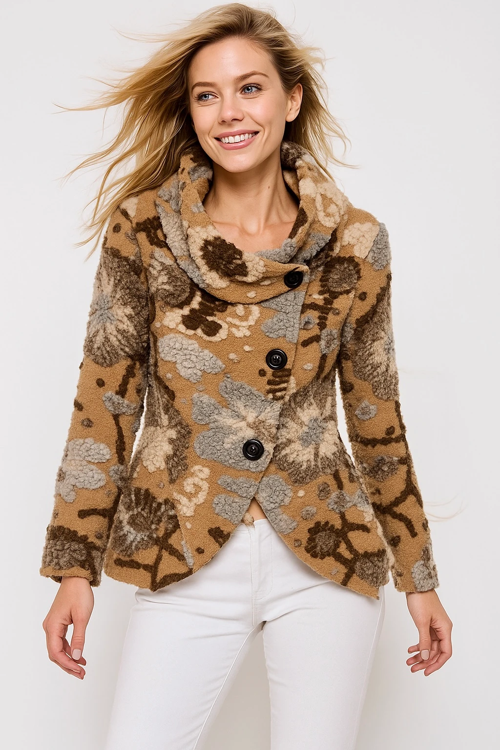 İtalyan Çiçek Kabartmalı Keçe Kaban - BEJ