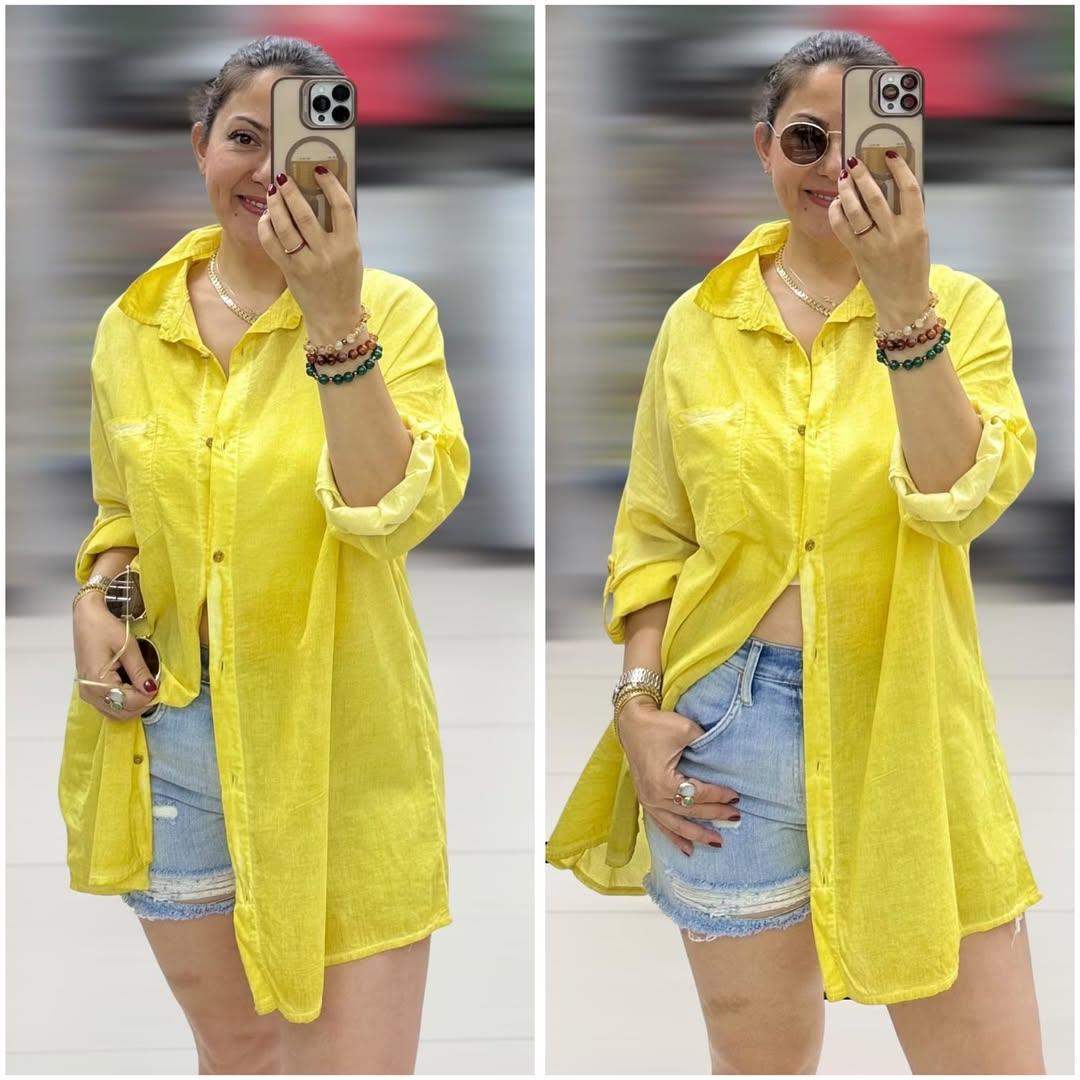 İtalyan Taşlanmış Pamuklu Coton Gömlek - SARI