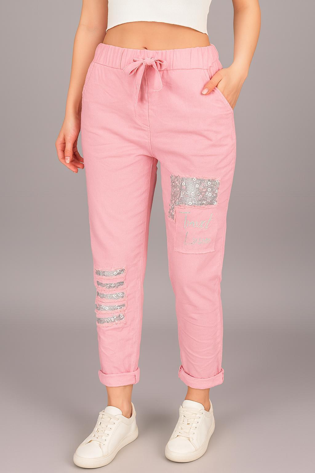 İtalyan Pul Payet Detaylı Likralı Pantolon - PEMBE