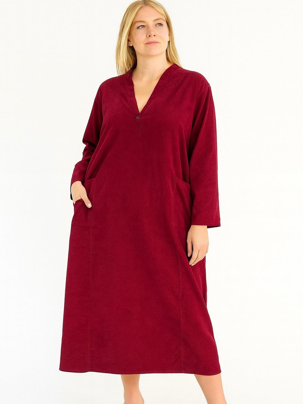 İtalyan Kadife Düğme Detaylı Elbise - BORDO