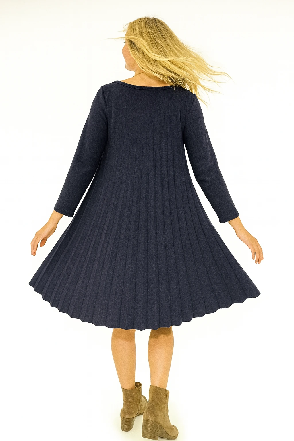 İtalyan Pileli Triko Elbise - LACİVERT