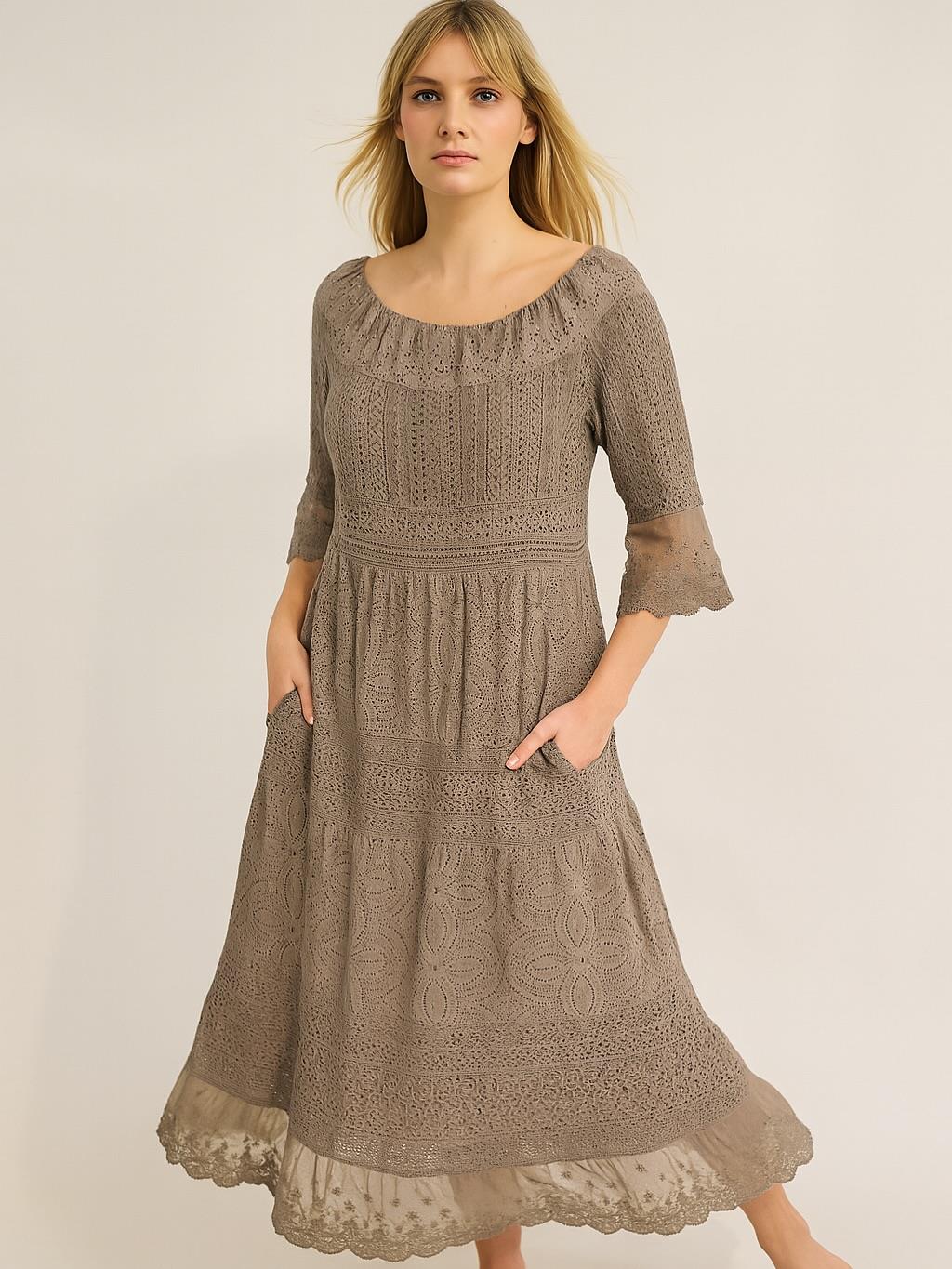 İtalyan Dantel Elbise - VİZON