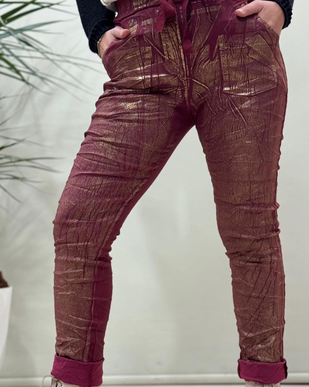 İtalyan Varak Baskılı Likralı Pantolon - BORDO