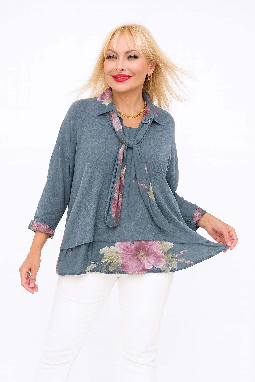 İtalyan Fularlı 3'lü Takım Bluz - BEBE MAVİSİ