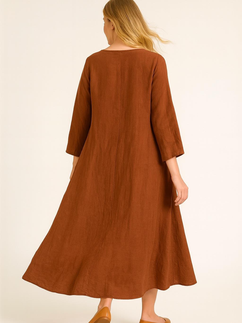 İtalyan Keten V Yaka Elbise - KİREMİT