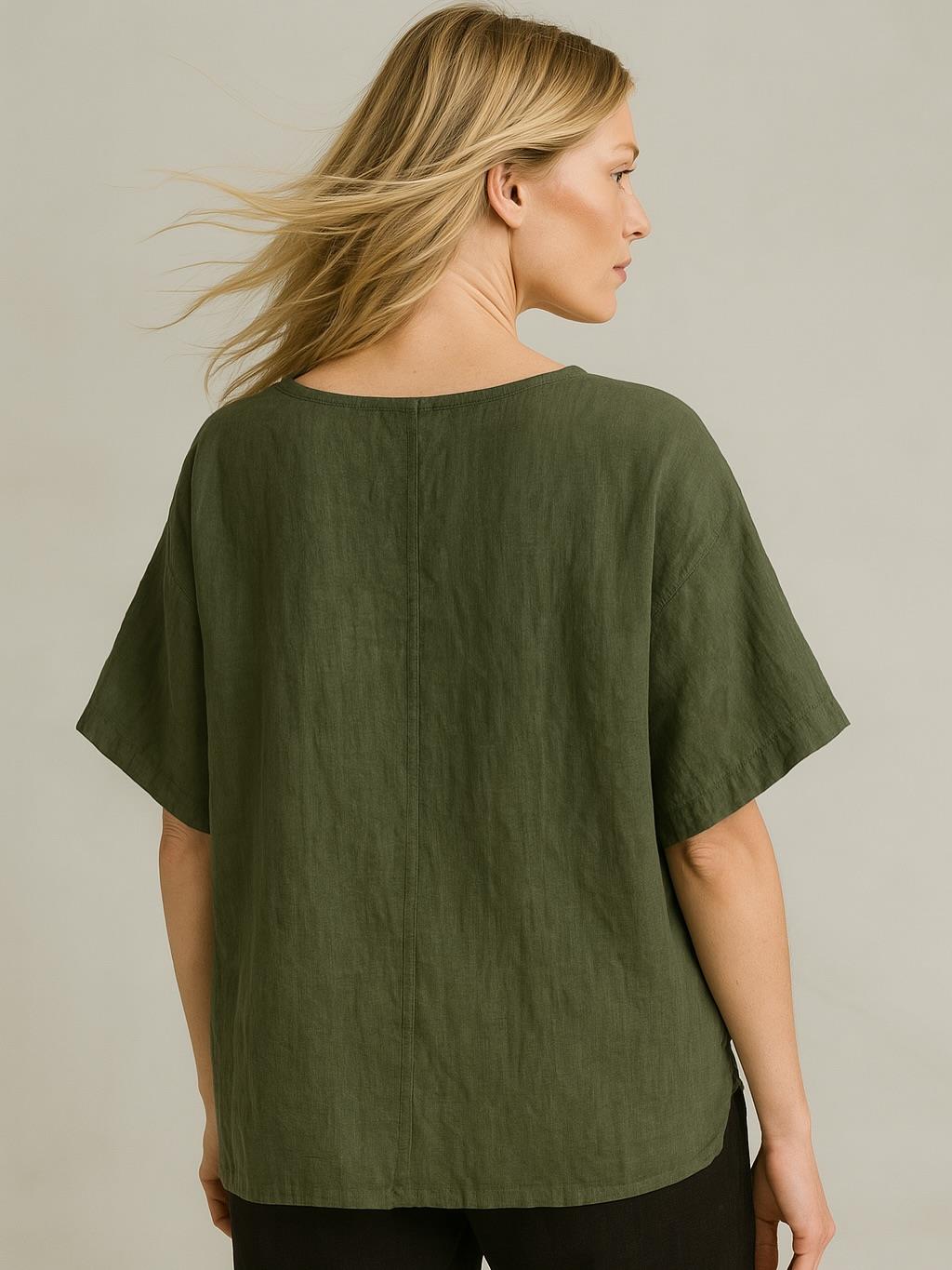 İtalyan Keten Desenli Bluz - HAKİ