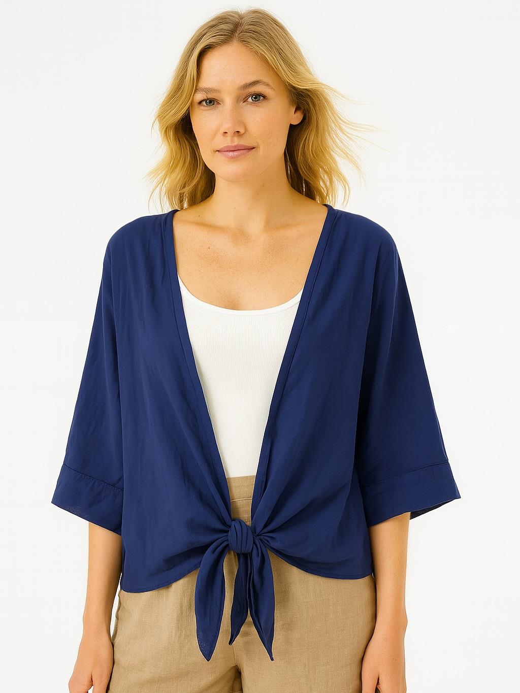 İtalyan Vual Pamuklu Kumaş Önden Bağlamalı Bluz - LACİVERT