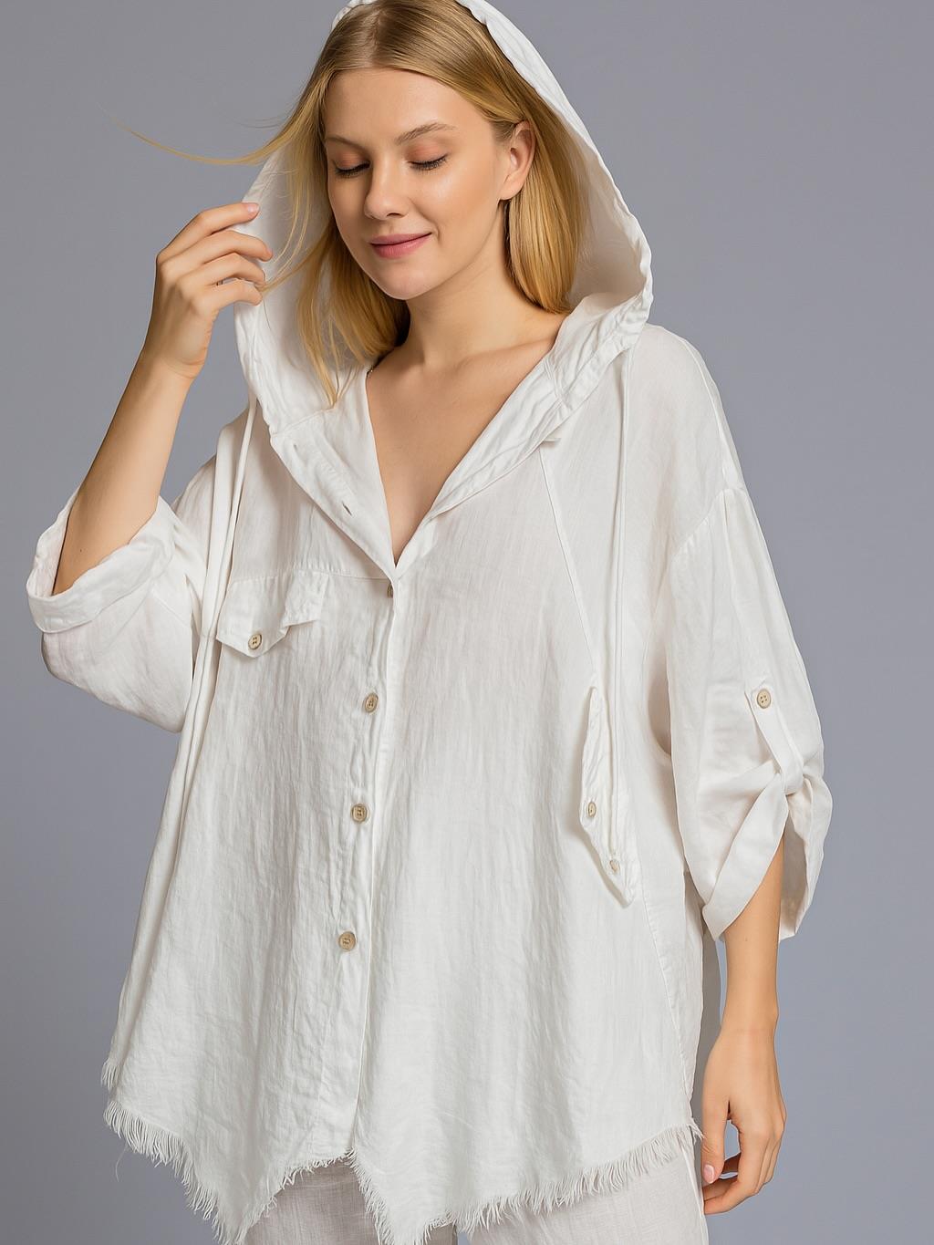 İtalyan Keten Kapüşonlu Ceket - BEYAZ