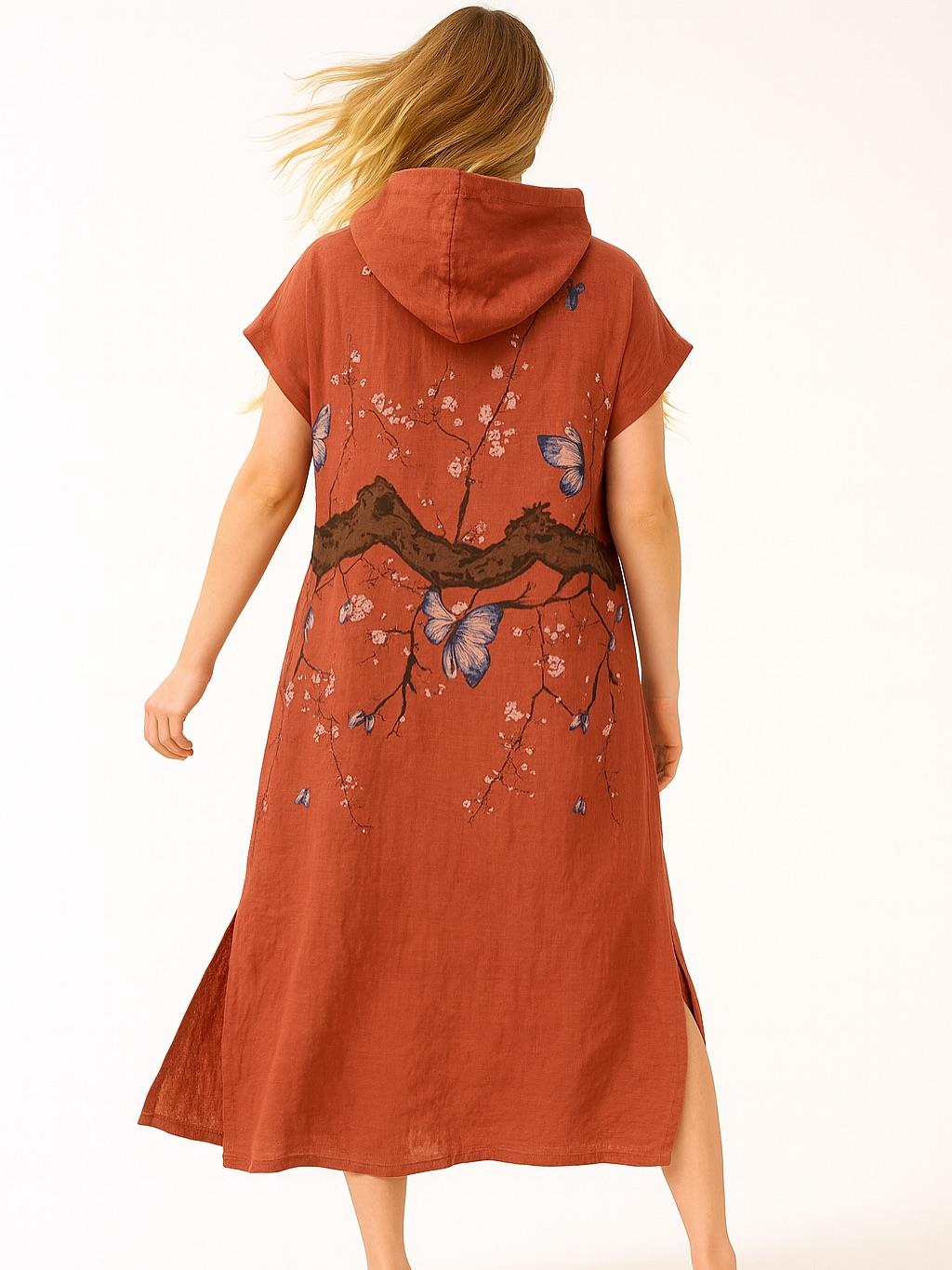 İtalyan Keten Kapüşon Detaylı Elbise - KİREMİT