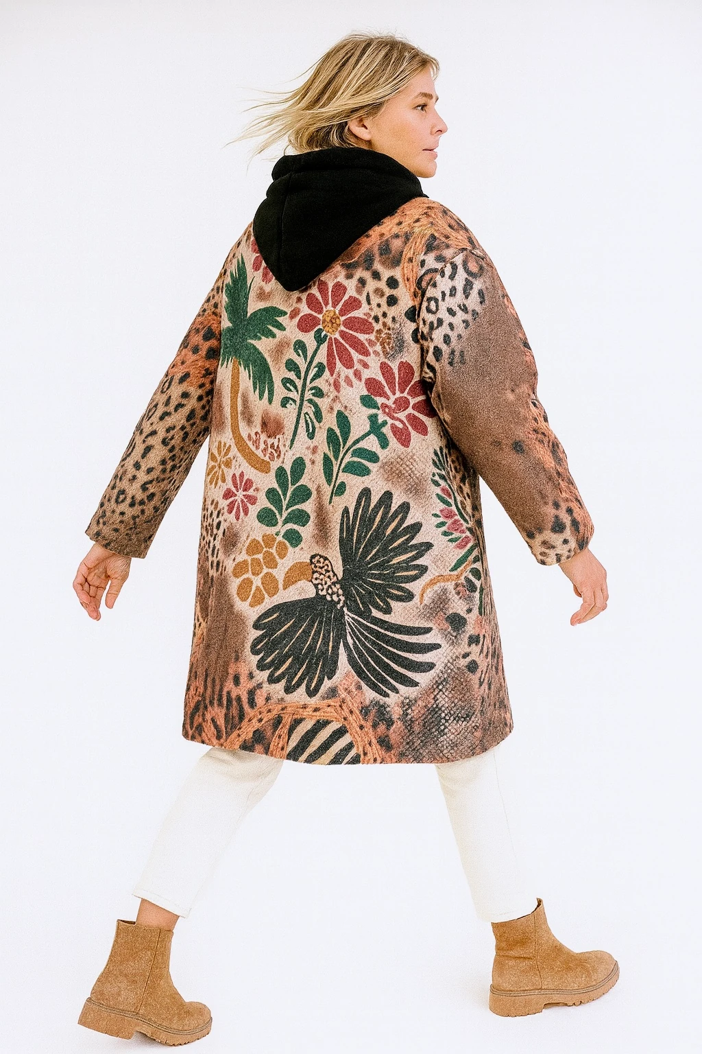 İtalyan Çiçek Desenli Kapüşonlu Keçe Kaban - KAHVE