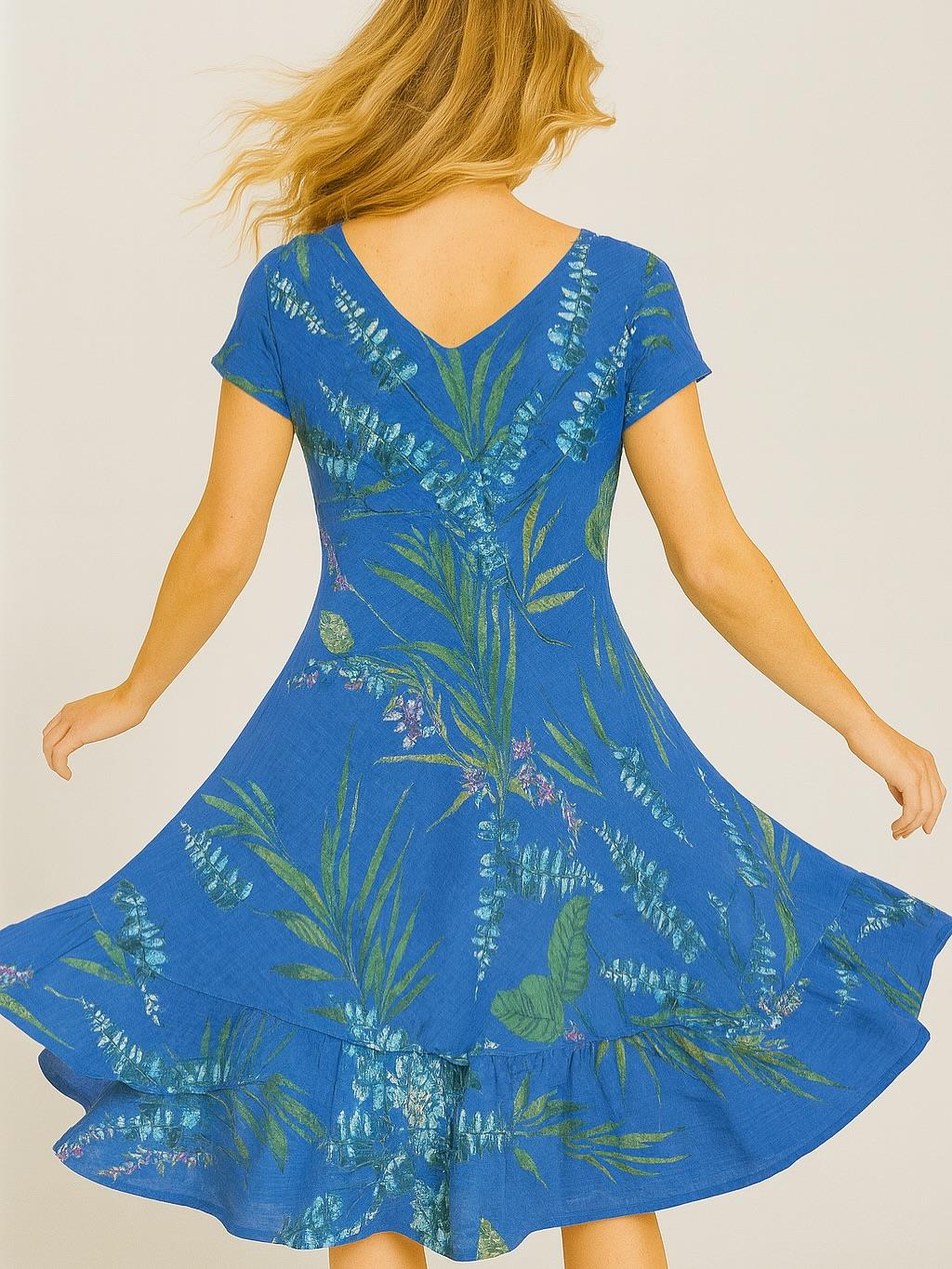 İtalyan Pamuk Keten Elbise - SAKS MAVİ