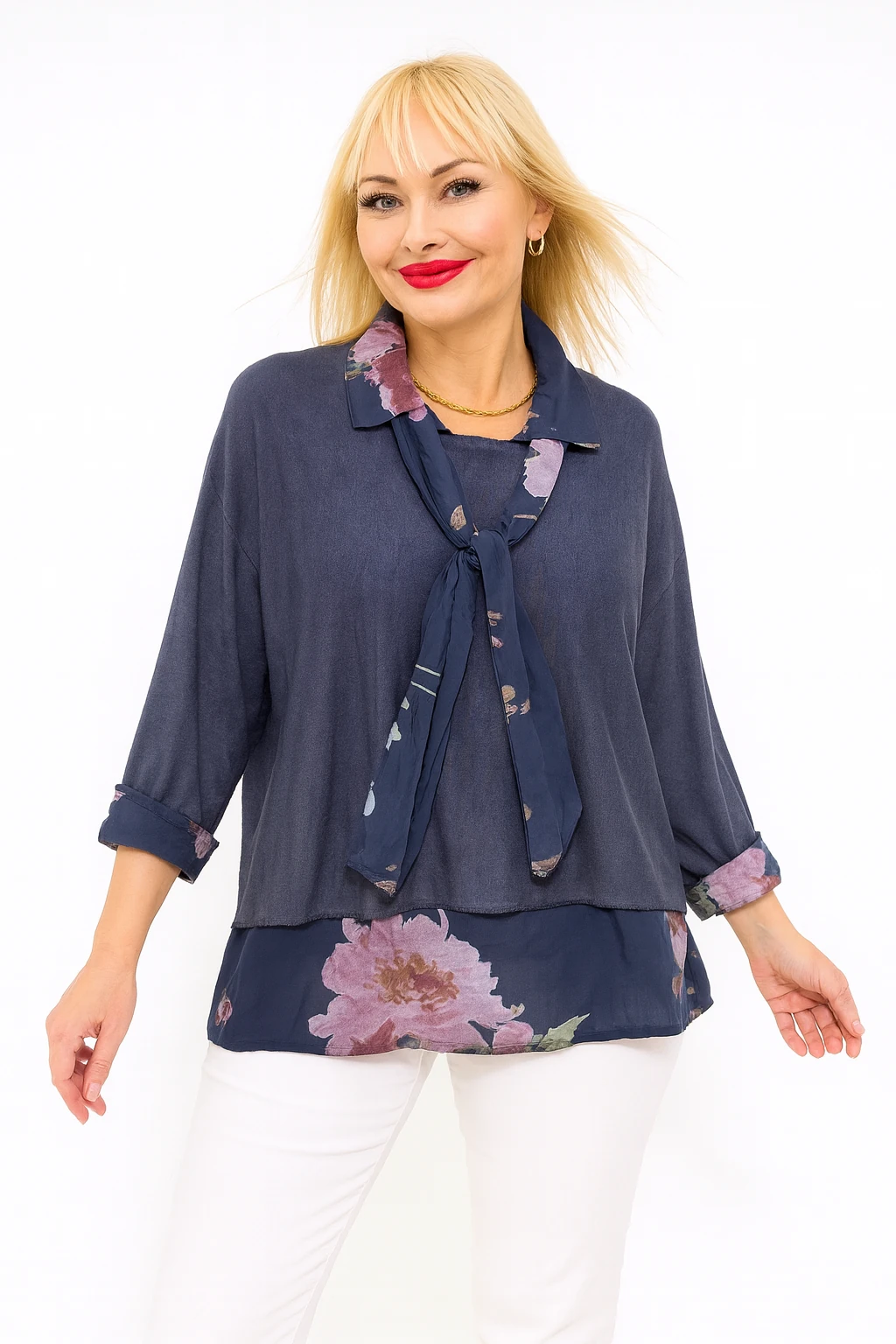 İtalyan Fularlı 3'lü Takım Bluz - KOYU MAVİ