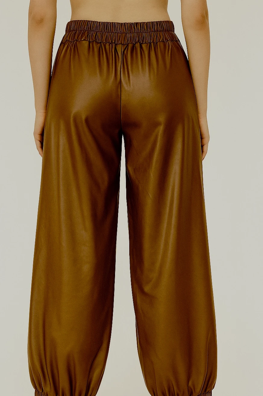 İtalyan Lastik Paça Deri Pantolon - KAHVERENGİ