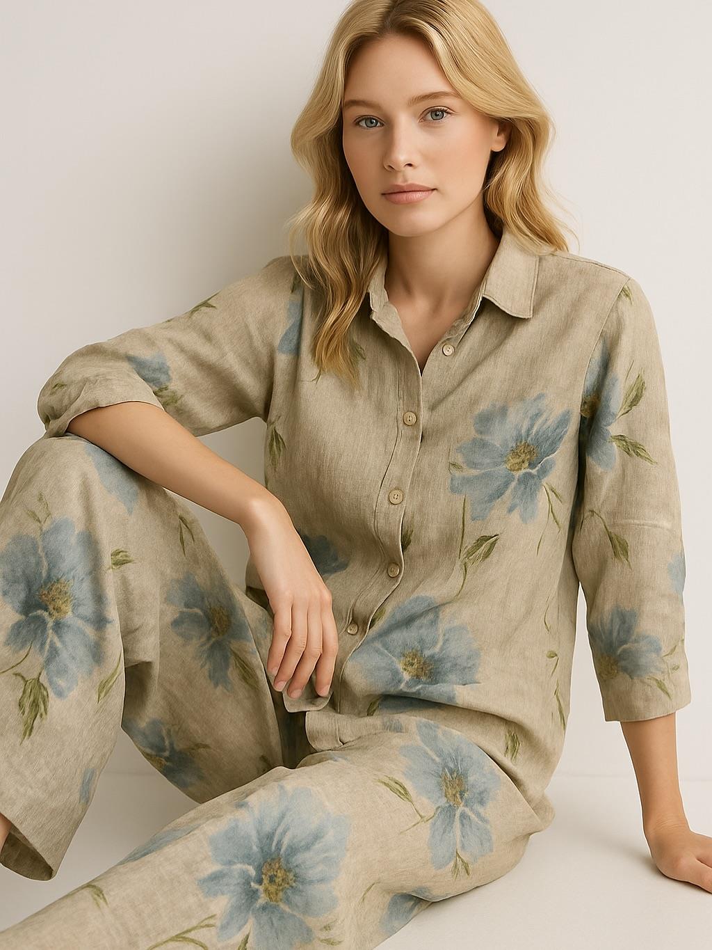 İtalyan Çiçek Desenli Keten Takım - BEJ