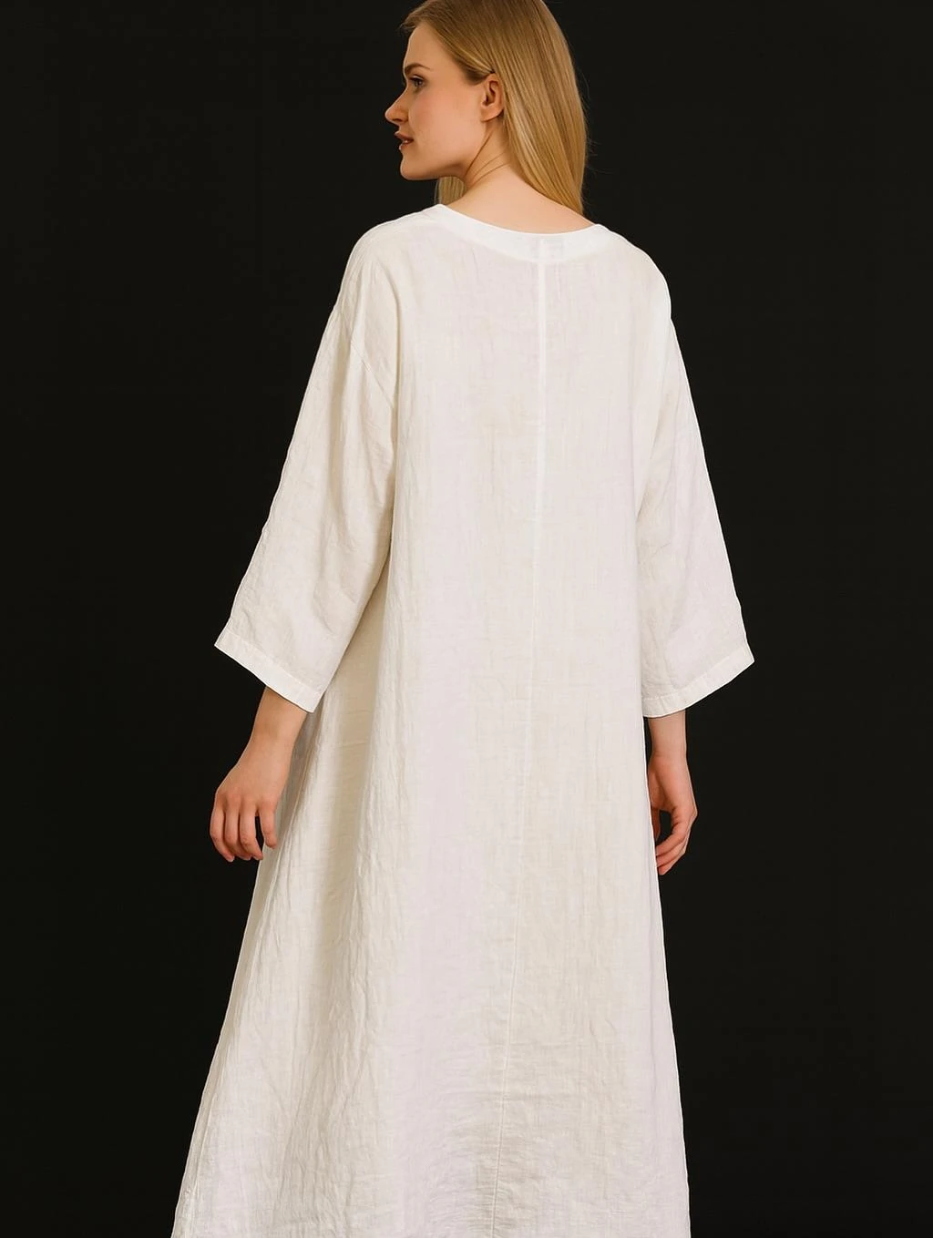 İtalyan Keten Toka Detaylı Elbise - BEYAZ