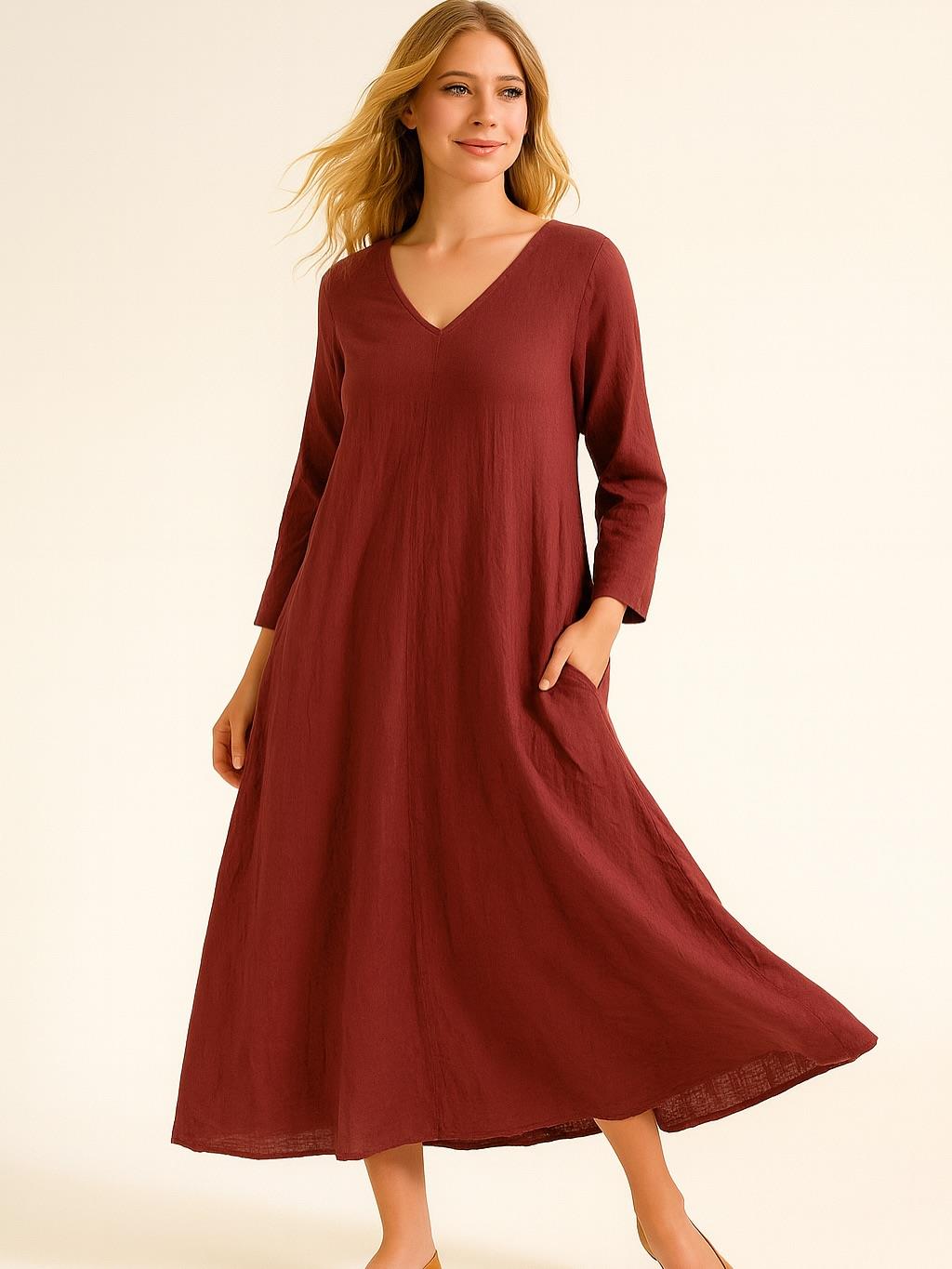 İtalyan Keten V Yaka Elbise - BORDO