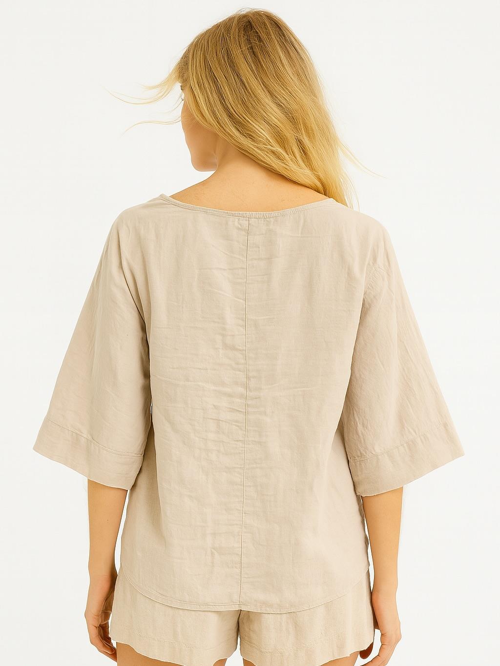 İtalyan Vual Pamuklu Kumaş Önden Bağlamalı Bluz - BEJ