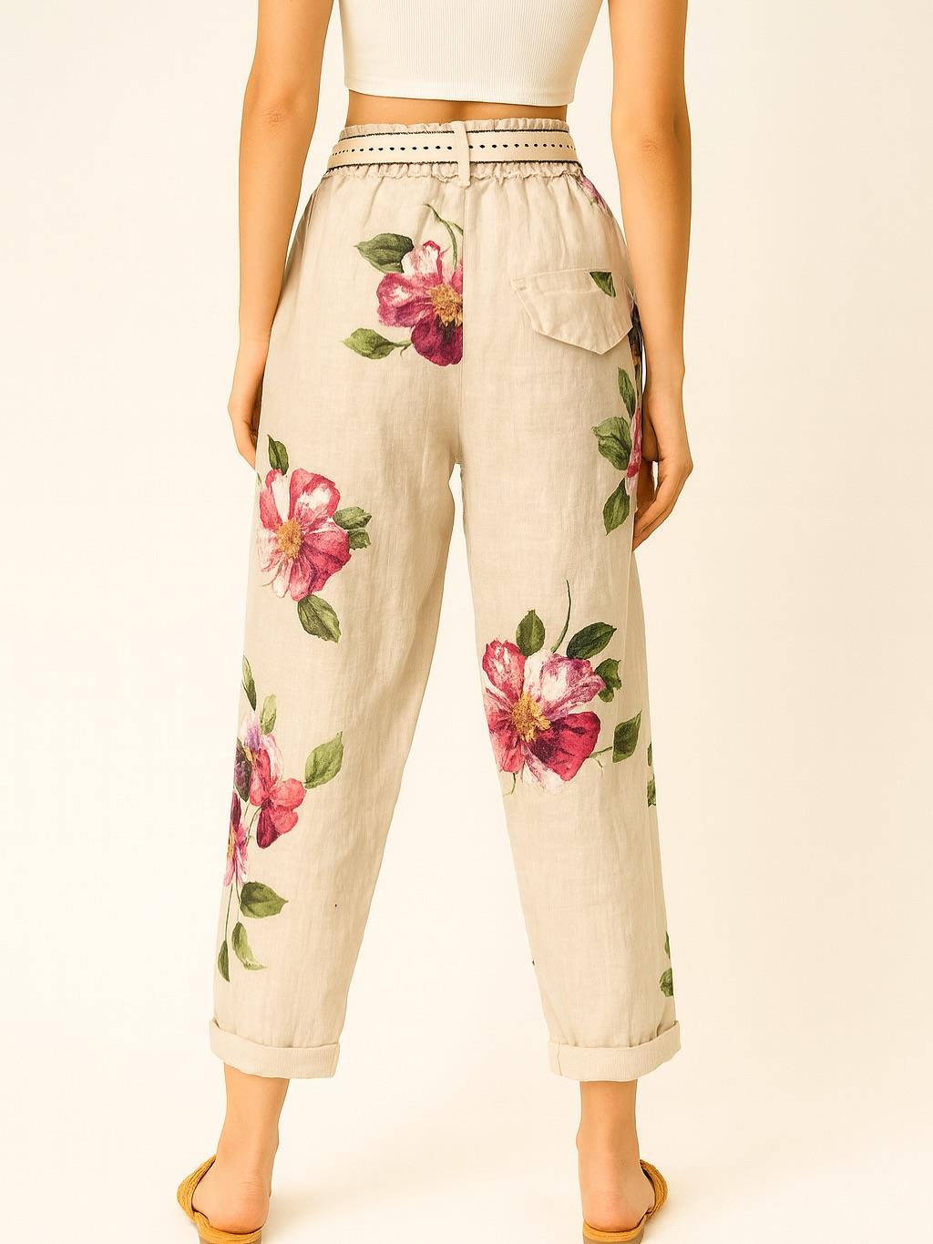 İtalyan Çiçek Desenli Havuç Keten Pantolon - BEJ