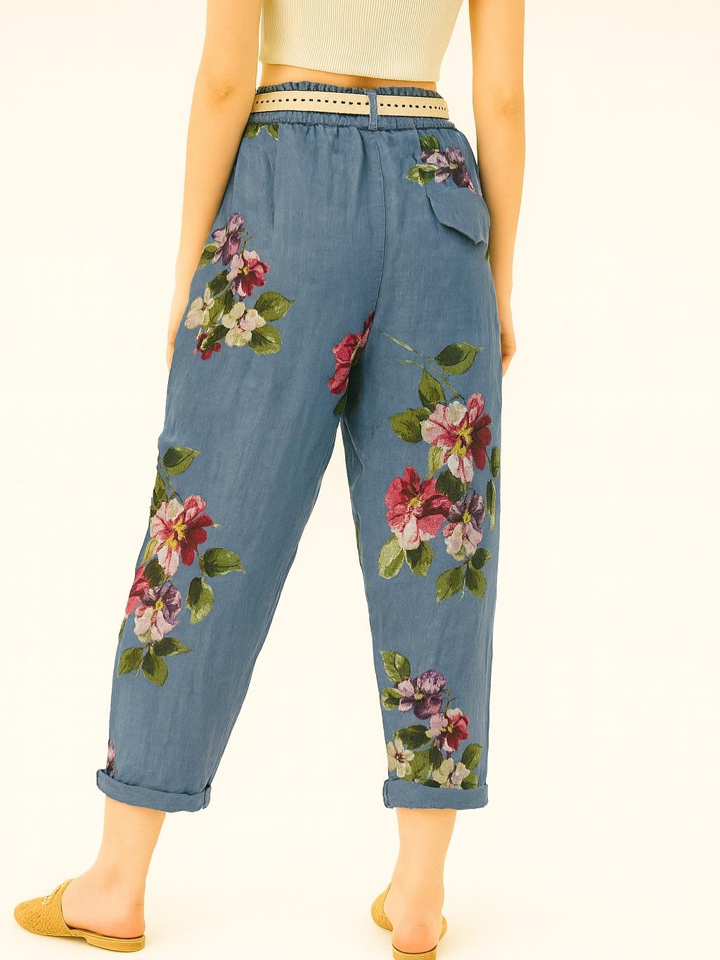 İtalyan Çiçek Desenli Havuç Keten Pantolon - MAVİ