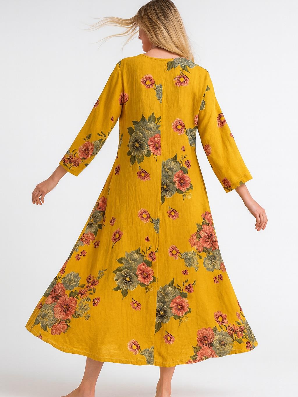 İtalyan Keten Çiçek Desenli Elbise - SARI