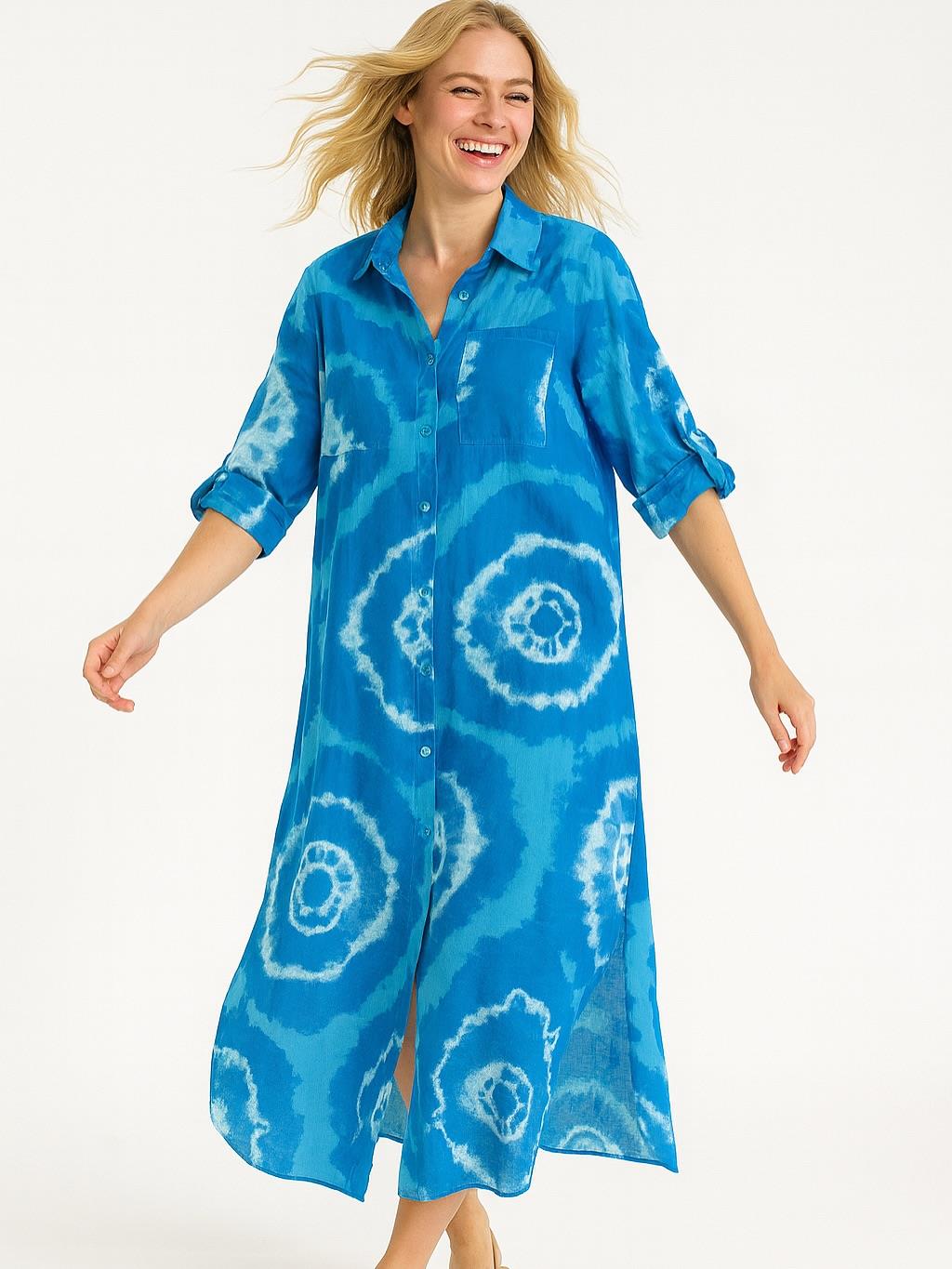 İtalyan Pamuk Dalga Desen Elbise - DENİZ MAVİ