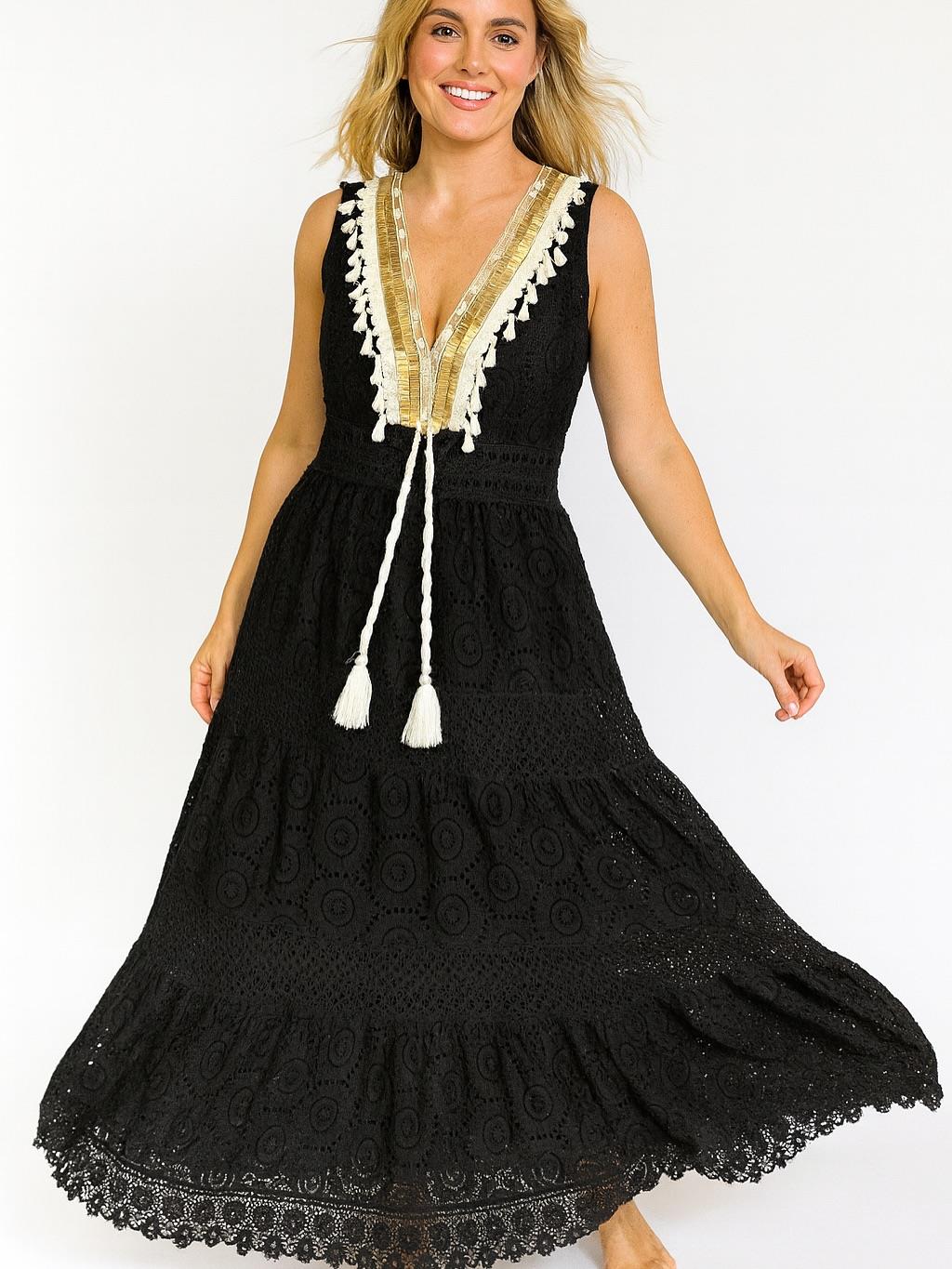 İtalyan Dantel Ponponlu Elbise - SİYAH