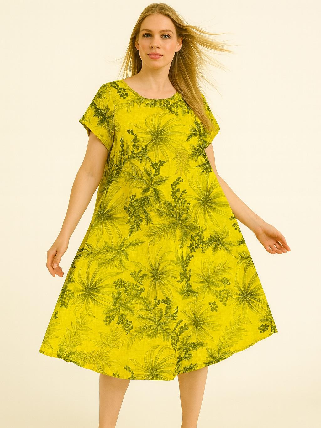 İtalyan Keten Yaprak Desen Elbise - SARI