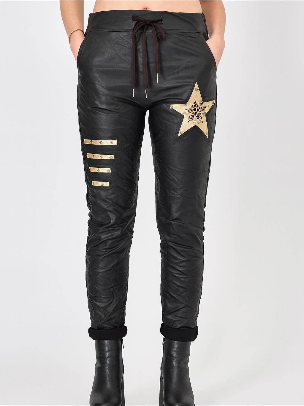 İtalyan Likralı Yıldız Detaylı Deri Pantolon - SİYAH