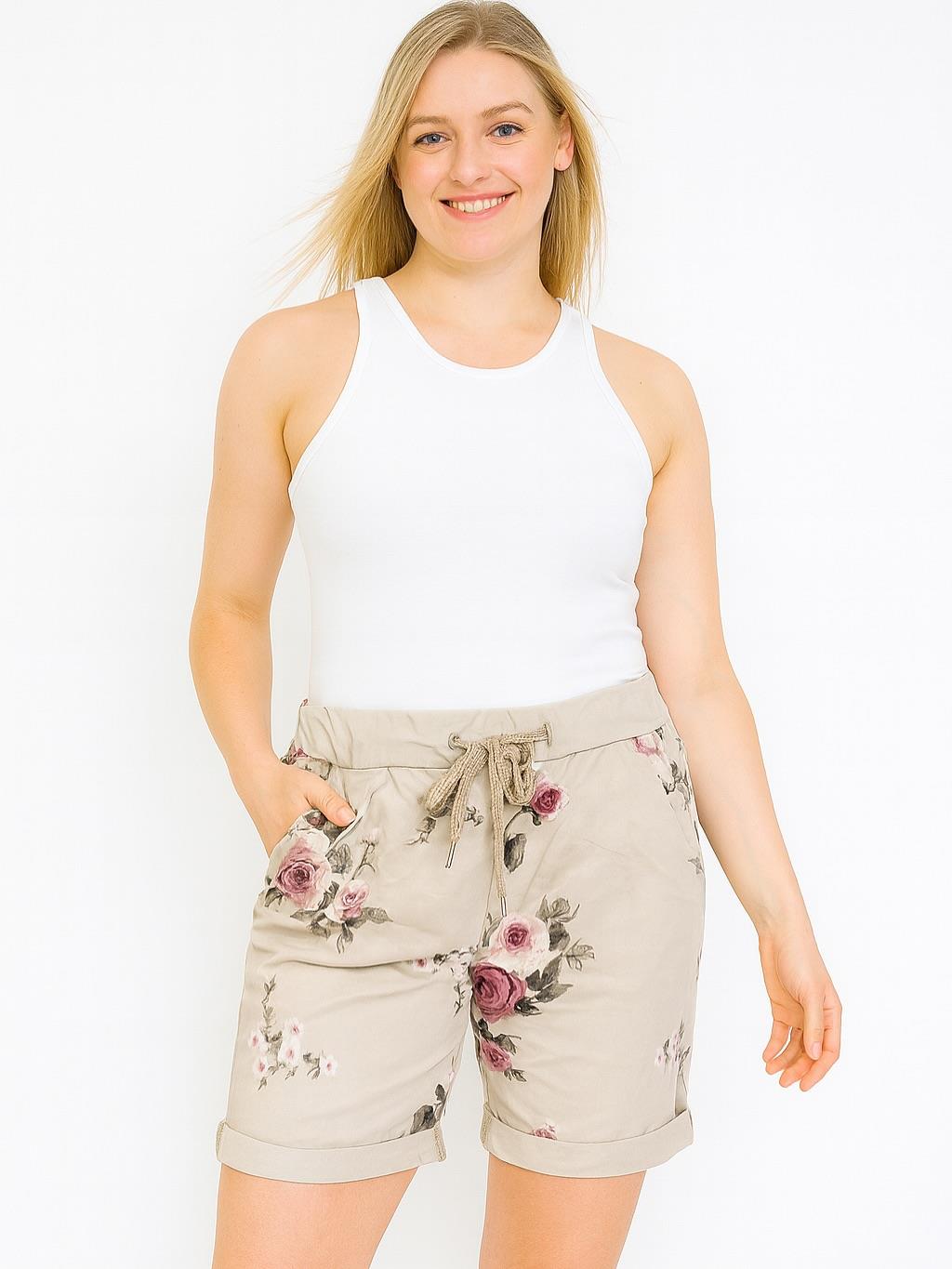 İtalyan Likralı Çiçek Desenli Şort - BEJ