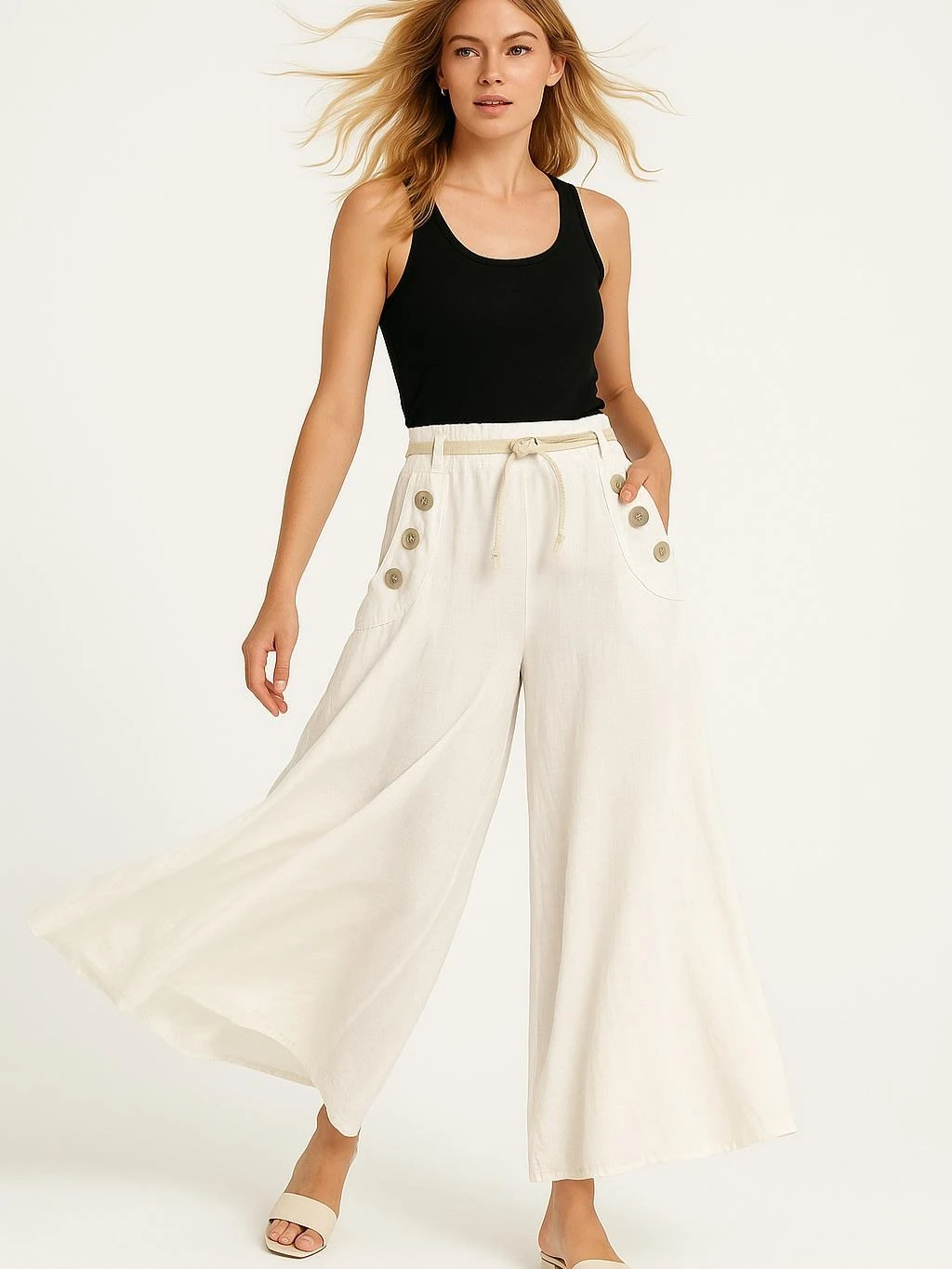 İtalyan Keten Geniş Paça Pantolon - BEYAZ