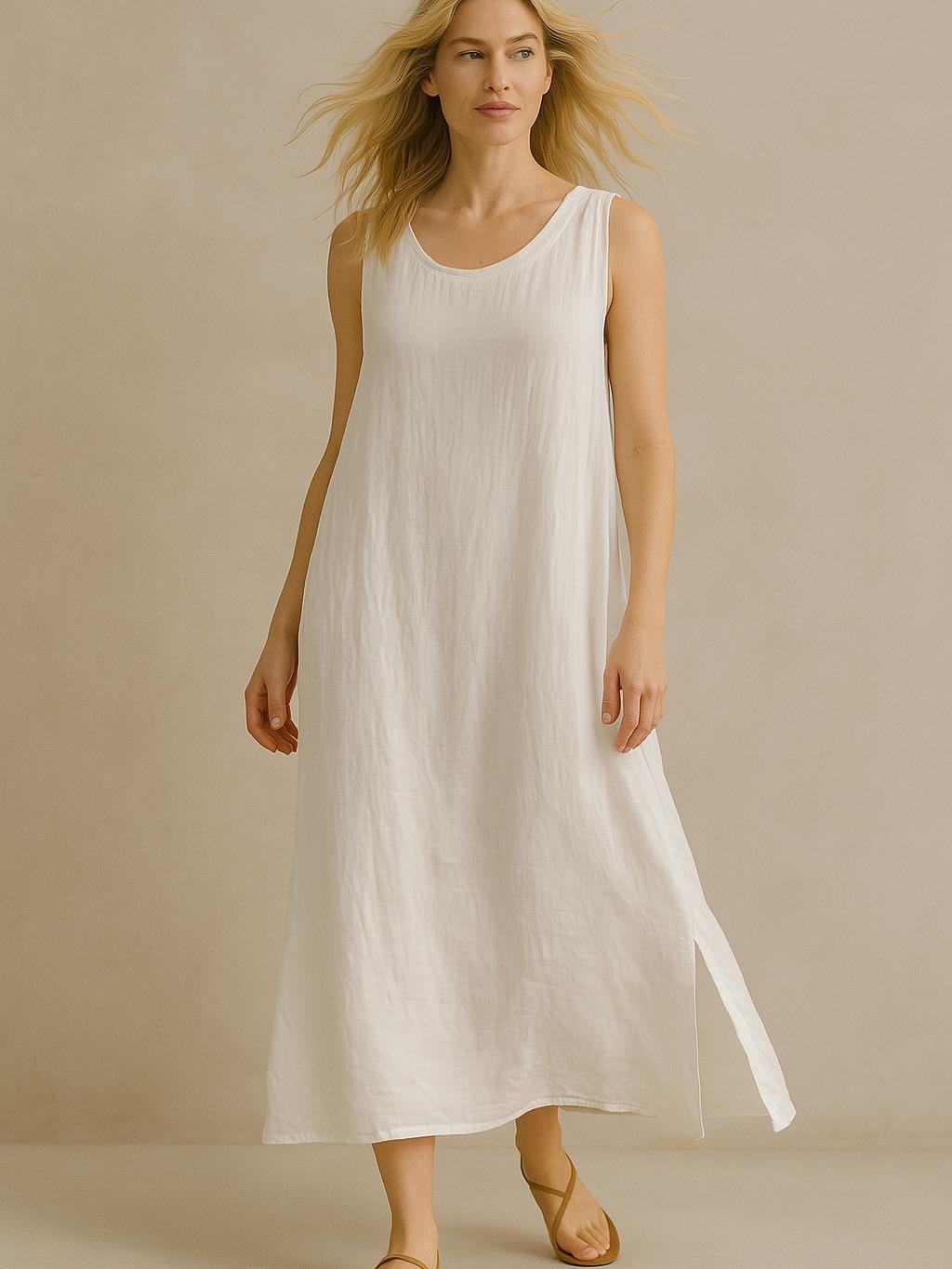 İtalyan Keten Elbise - BEYAZ