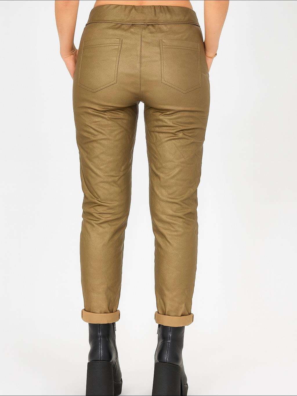 İtalyan Likralı Yıldız Detaylı Deri Pantolon - GOLD