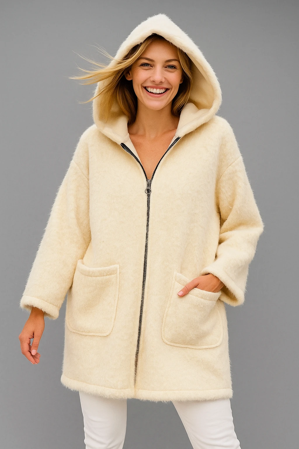 İtalyan Kapüşonlu Keçe Kaban - BEYAZ