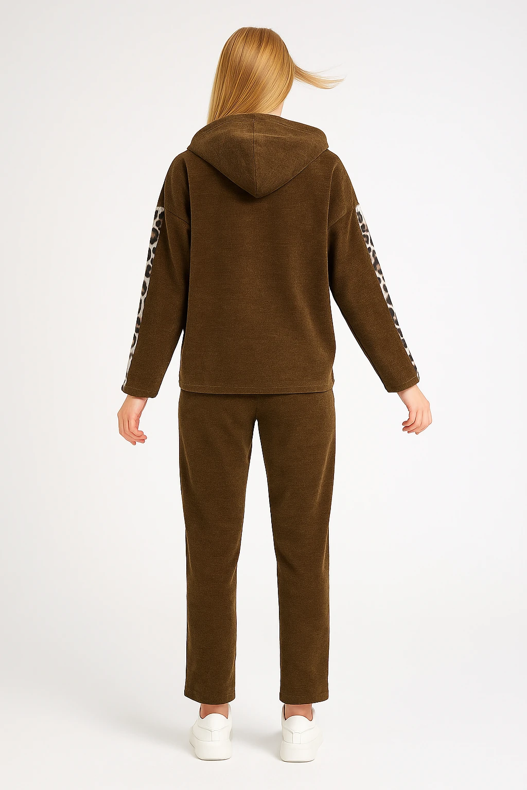 İtalyan Leopar Detaylı İnce Fitilli Kadife Takım - KAHVERENGİ