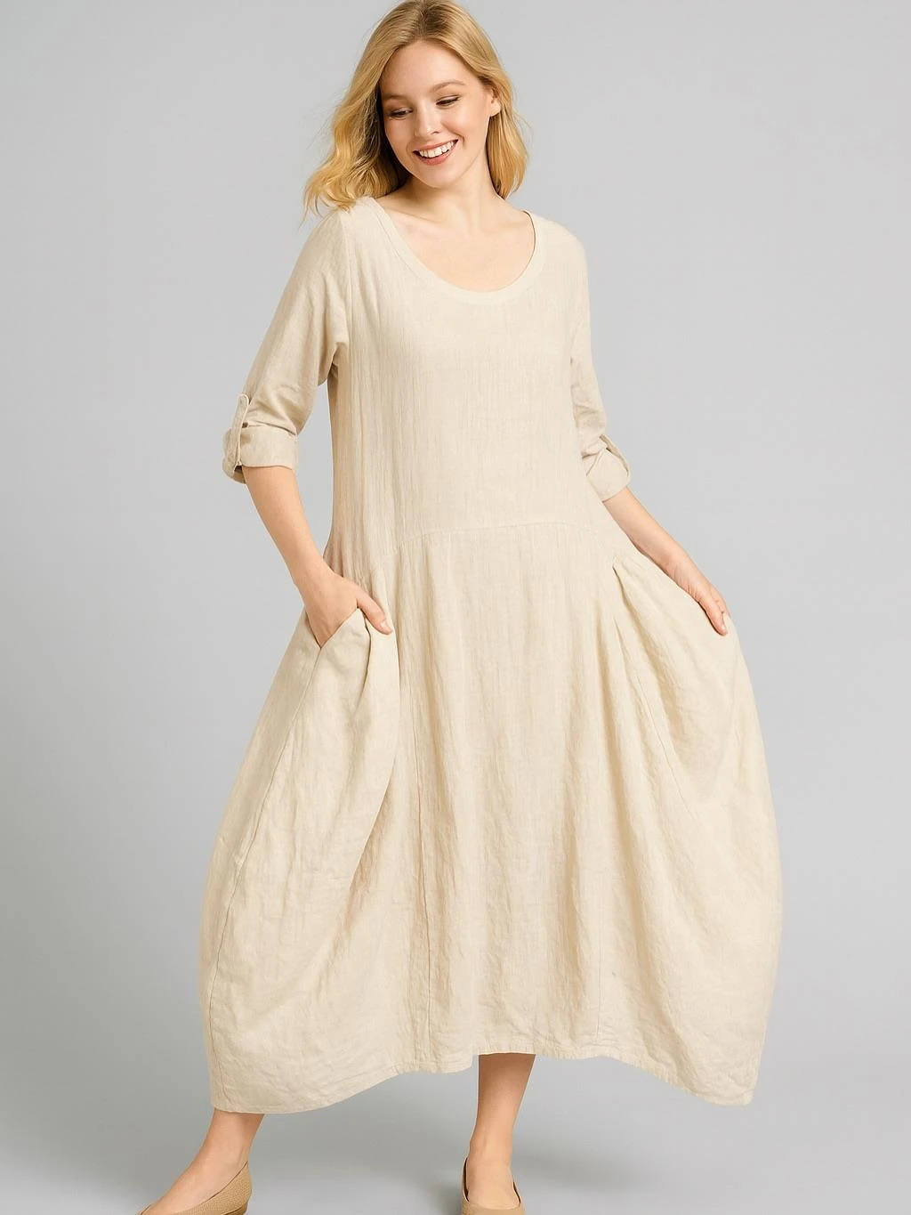 İtalyan Keten Cep Detaylı Elbise - BEJ