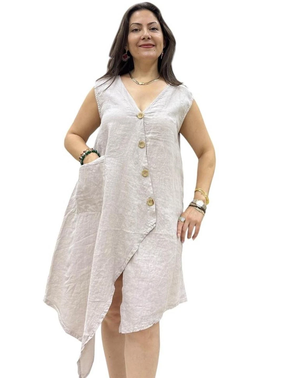 İtalyan Keten Tasarım Elbise - BEJ