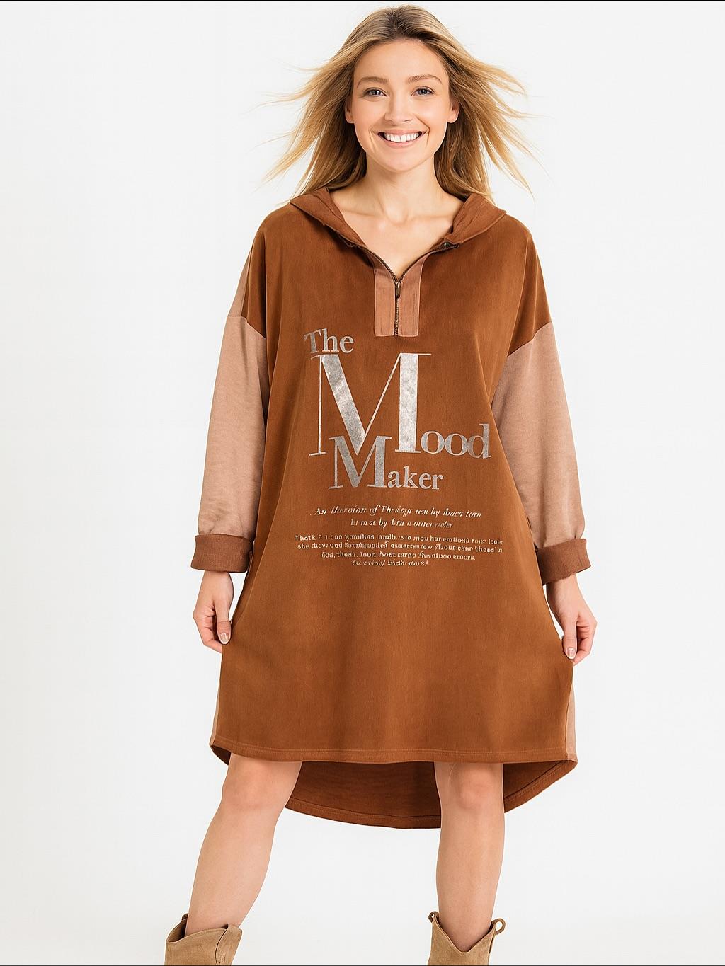 İtalyan Kapüşonlu Nubuk Elbise - AÇIK KAHVE