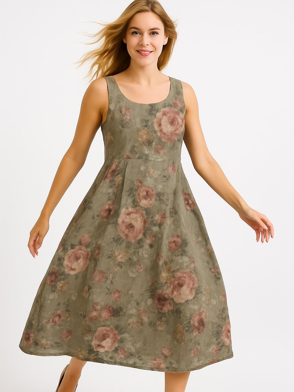 İtalyan Çiçek Desenli Keten Elbise - VİZON