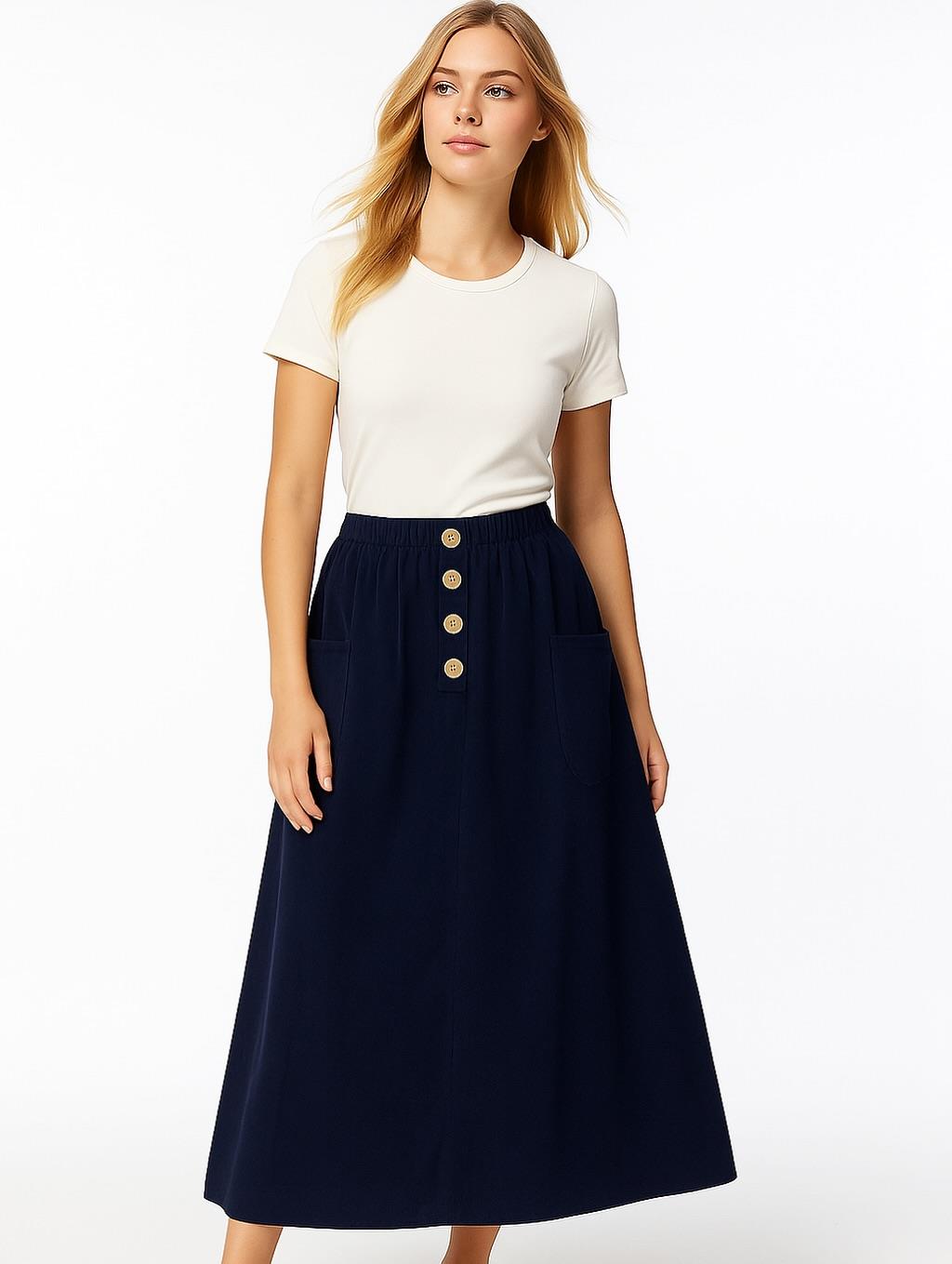 İtalyan Kadife Düğme Detaylı Etek - LACİVERT