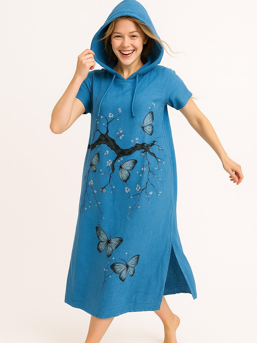 İtalyan Keten Kapüşon Detaylı Elbise - MAVİ