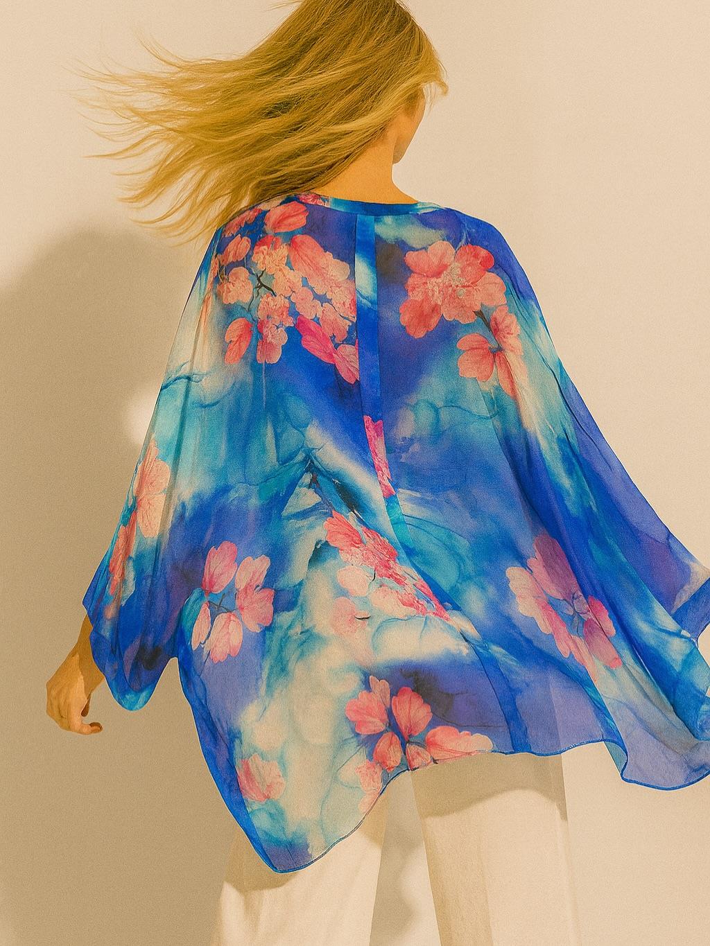 İtalyan Çiçek Desen İpek Bluz - SAKS MAVİ