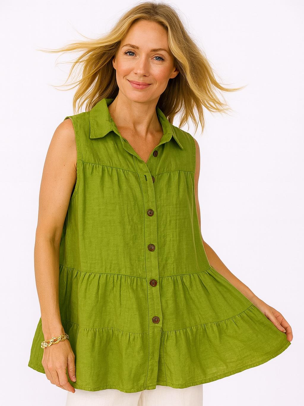 İtalyan Keten Bluz - YAĞ YEŞİLİ