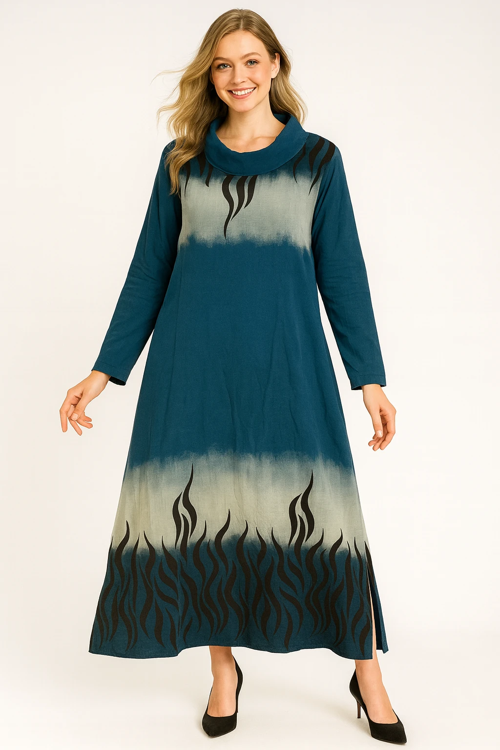 İtalyan Degaje Yaka Kadife Elbise - İNDİGO