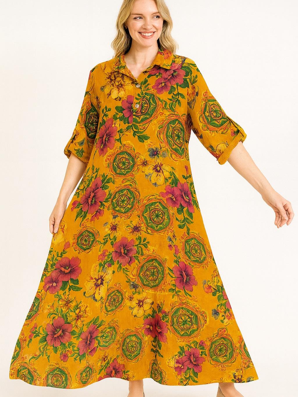 İtalyan Keten Çiçek Desenli Elbise - HARDAL