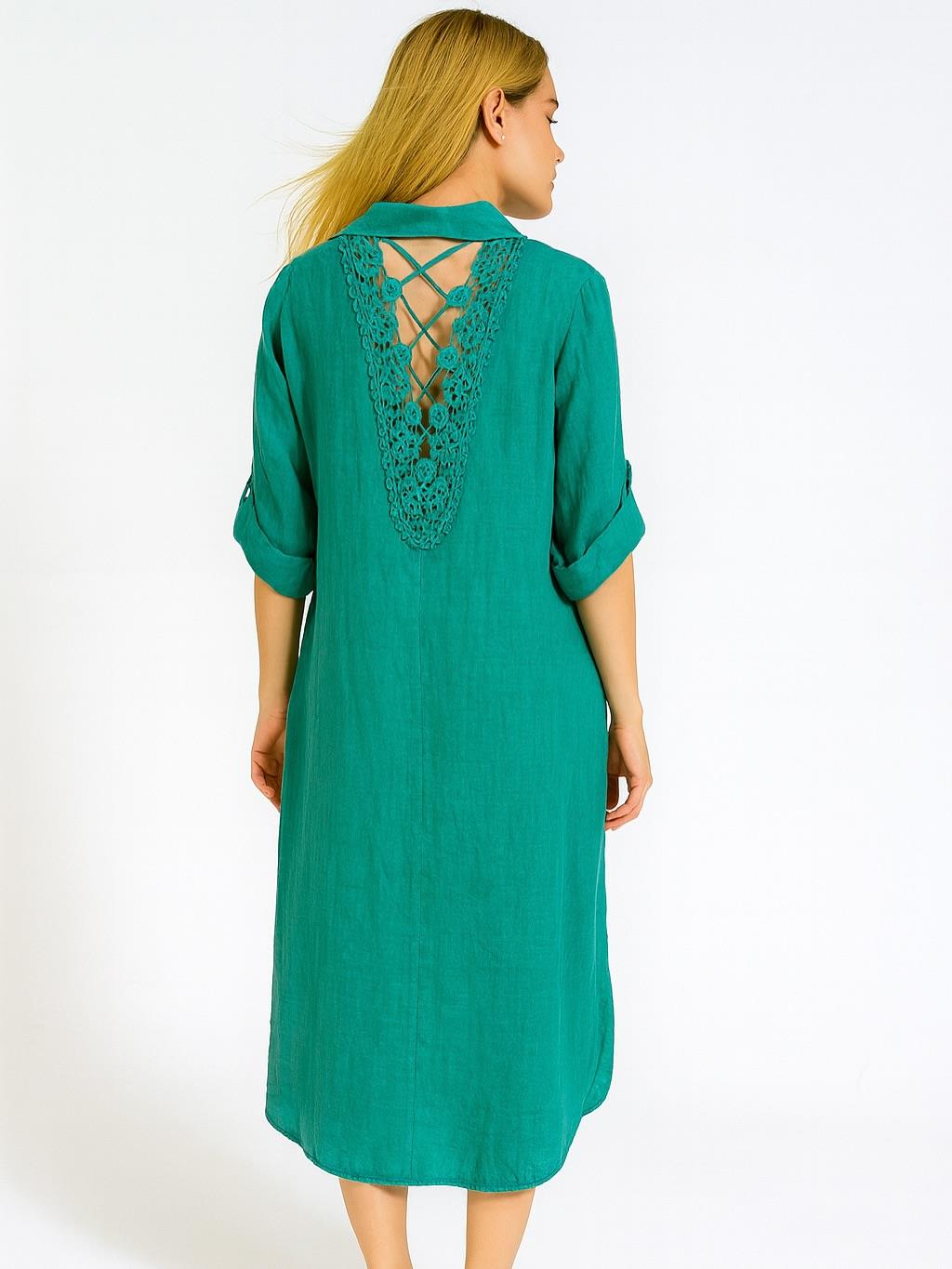 İtalyan Keten Sırtı Dantelli Elbise - PETROL MAVİSİ