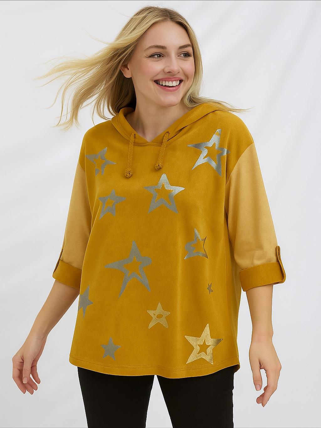 İtalyan Yıldız Desen Nubuk Bluz - HARDAL