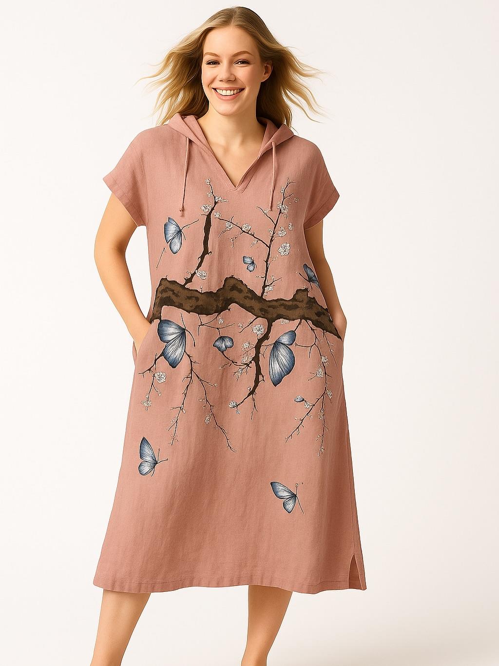 İtalyan Keten Kapüşon Detaylı Elbise - PUDRA