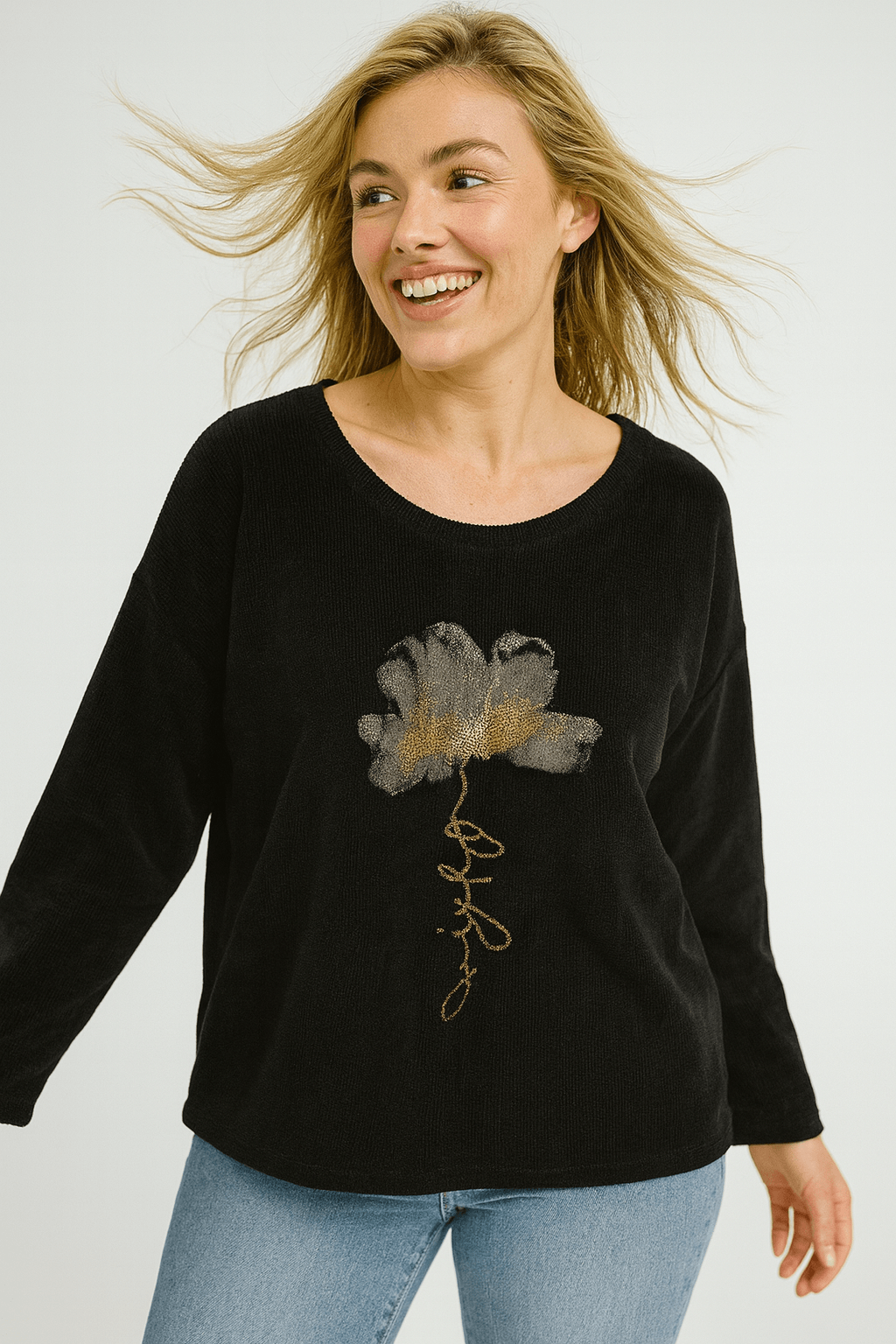 İtalyan Çiçek Desen Kadife Bluz - SİYAH