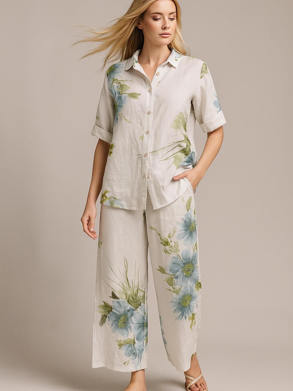 İtalyan Çiçek Desenli Keten Takım - BEYAZ